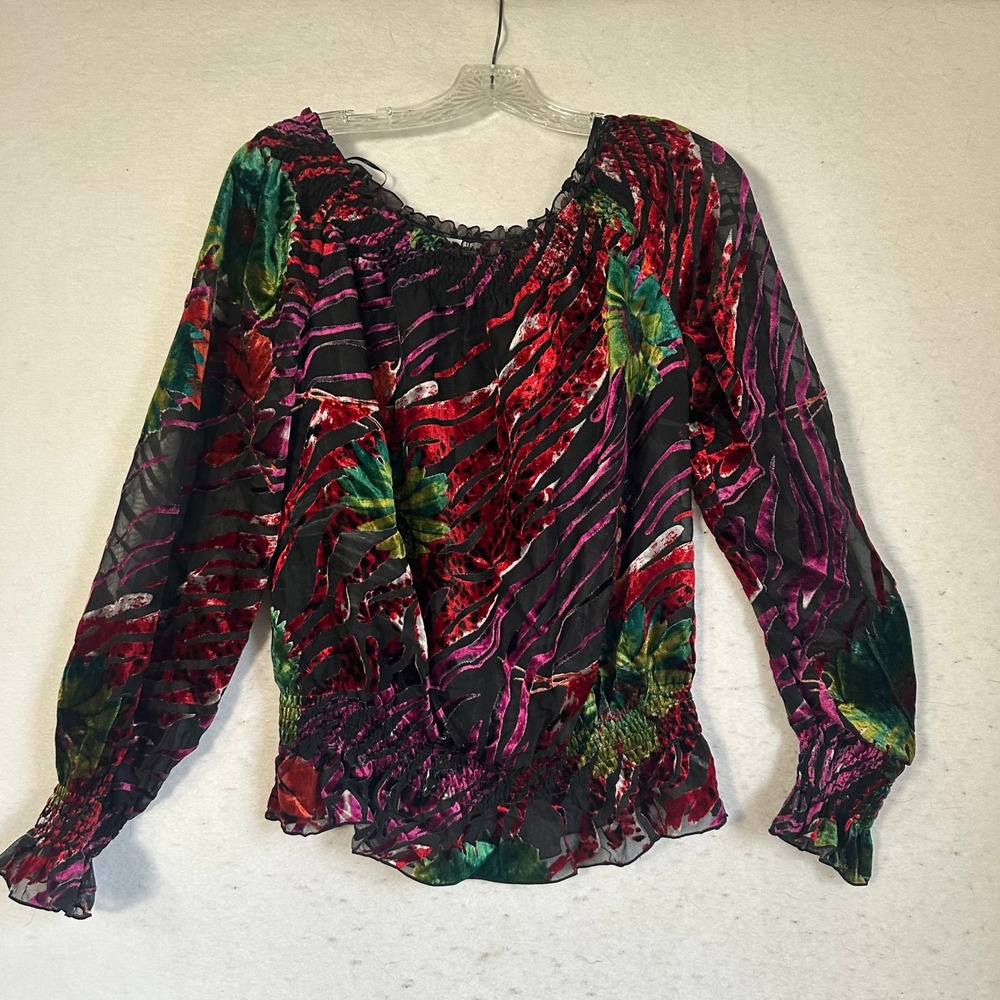 Nygard‎ Collection Burnout Velvet Floral Whimsigoth Smocked Blouse Top Size 10